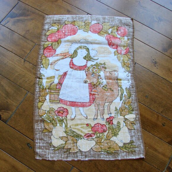 Vintage Linen Kitchen Tea Towel Milk Maid Cow Floral Fruit Orange Red Brown - Picture 8 of 8